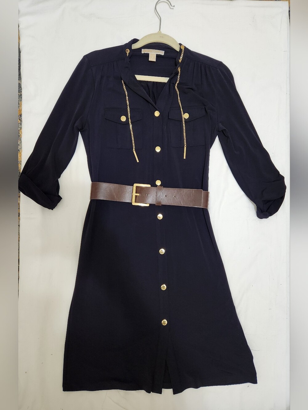 Michael Kors Navy Midi Shirt Dress with Gold Buttons
